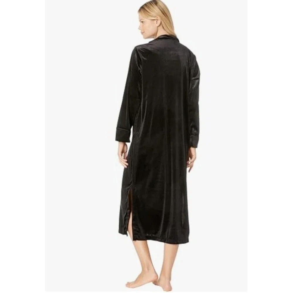 Lauren Ralph Lauren Black Velvet Zip Front Robe Caftan Long Sleeve Crest Logo L